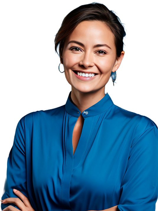 smiling woman blue shirt earrings generative ai Página